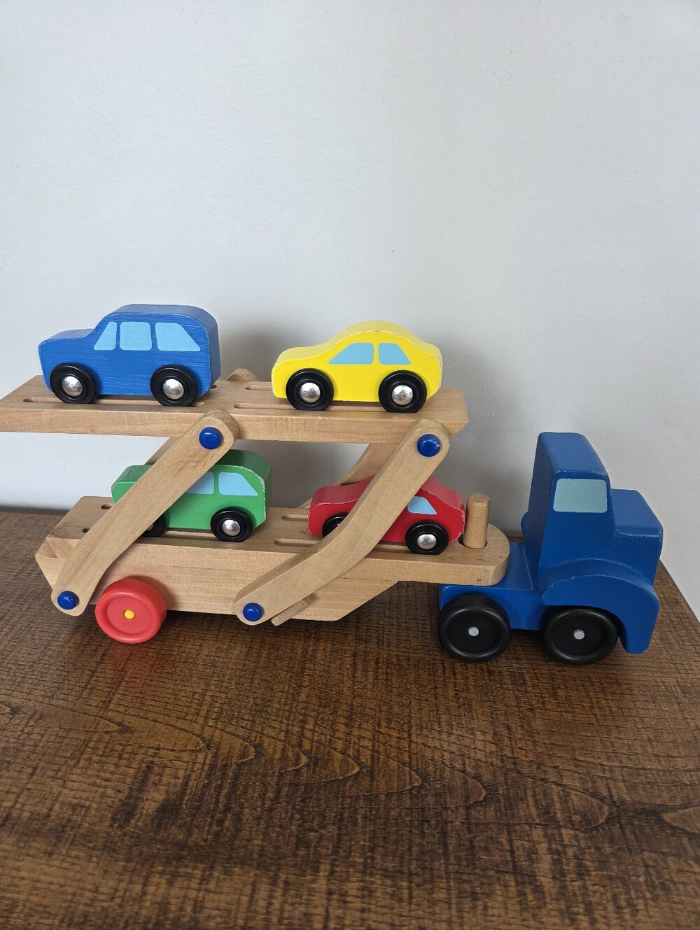 Mellissa & Doug Wooden Blue Car Carrier Truck with Colorful Toy Cars